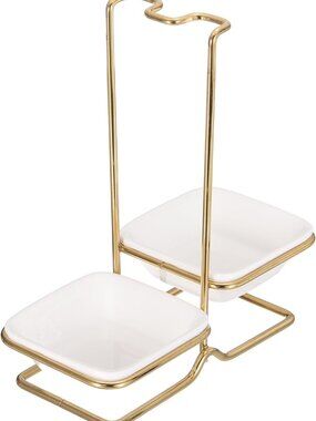 Luxury Stainless Steel Upright Ladle Rack Set with Double Square Ceramic Bowls